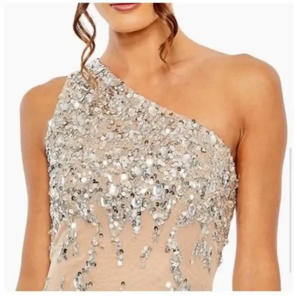Mac Duggal 10977 Nude One Shoulder Asymmetric Sheer Hand Beaded Mini Dress Sz 12 - Picture 7 of 16